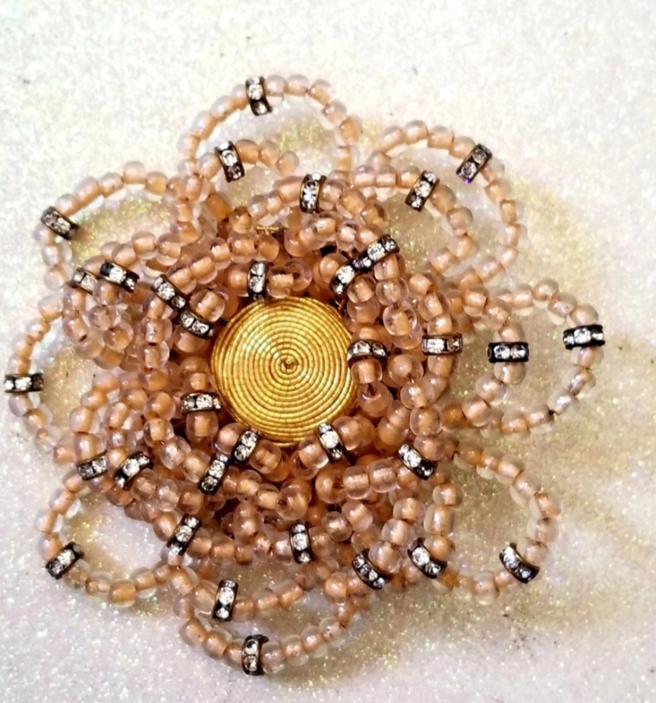 Vintage 1980s Rare Ugo Correani Runway Champagne Beads & Crystal Flower Brooch
